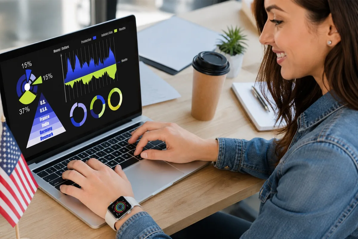 Professional working on laptop with business analytics and growth data